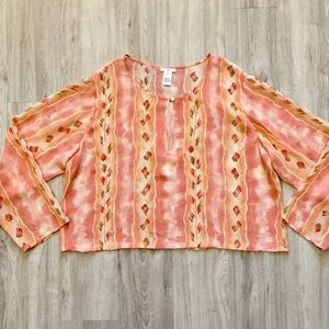 IOS 100% Silk Tunic Blouse Sheer Pink Layering Womens Size Large Glitter‎ Crop